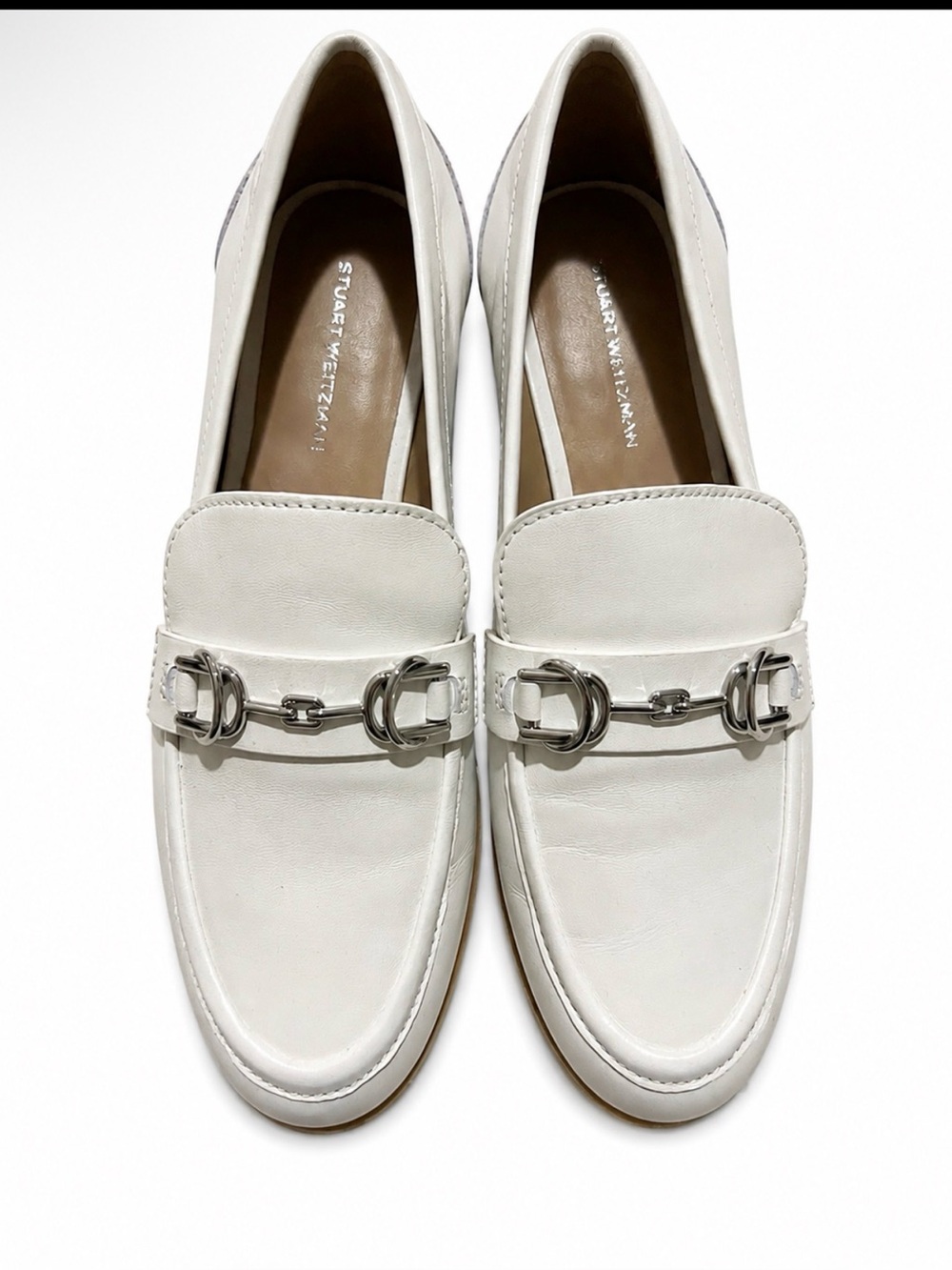 Stuart Weitzman White Leather Horsebit Loafers